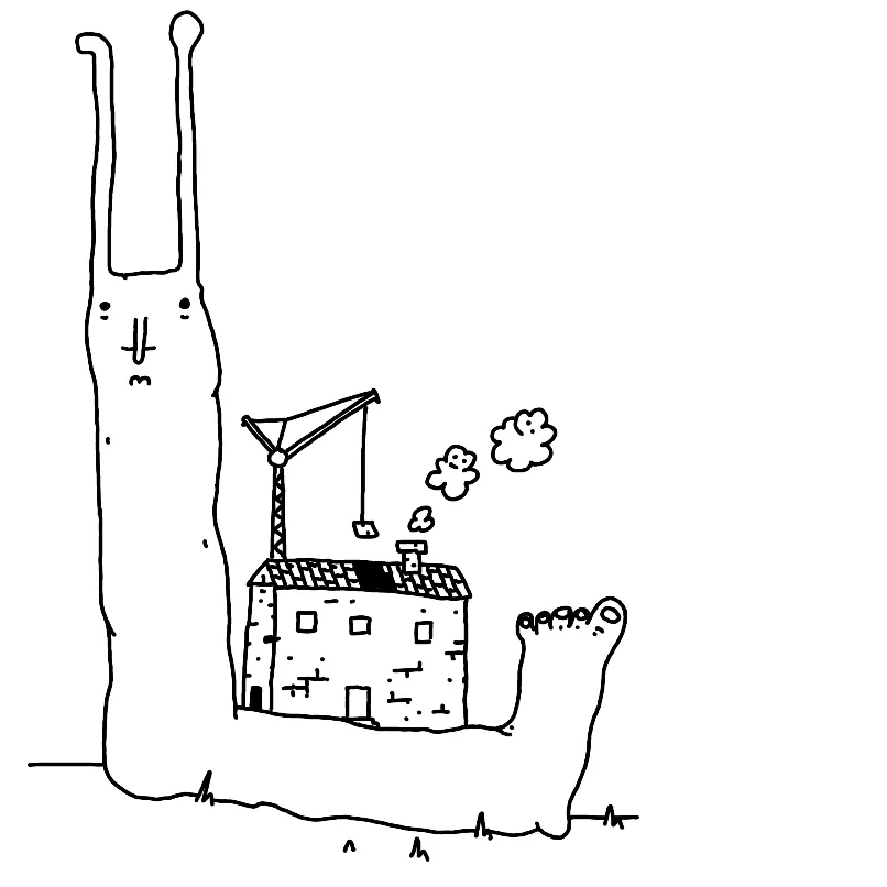 a giant foot-shaped snail with a house on its back. the house is still in construction, with a big crane towering above it