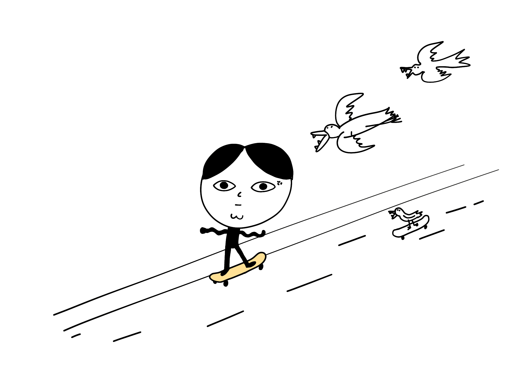 a boy on a skateboard, running away from seagulls